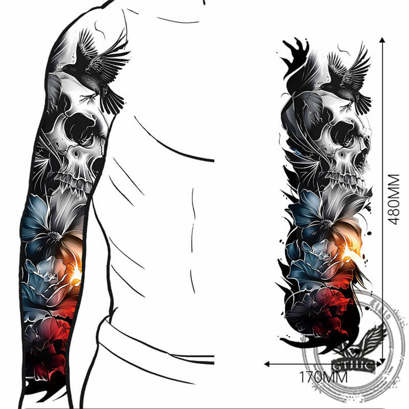 4 Pcs Skull And Flower Full Arm Temporary Tattoo Stickers