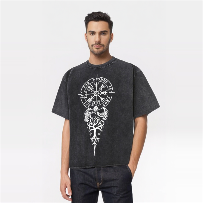 Vintage Washed Viking Symbols Print T-shirt