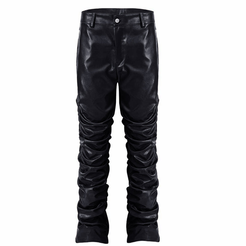 Street Pleated Stacked Slim Straight Pu Leather Pants