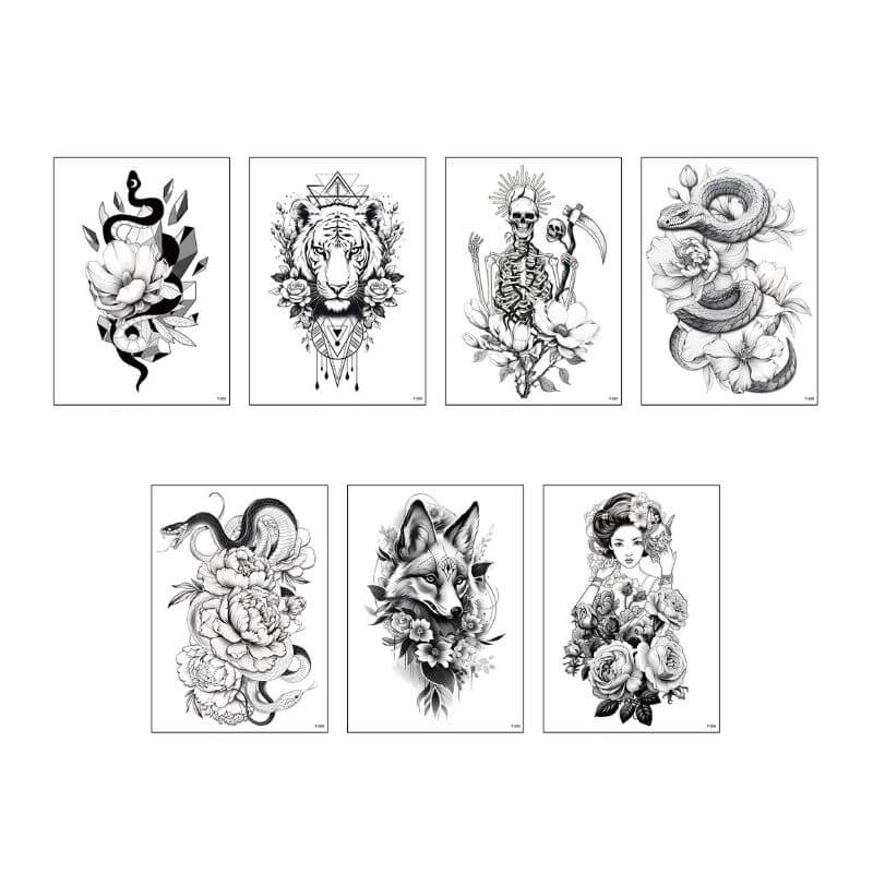 7 Pcs Animal Skull Geisha Temporary Tattoo Stickers 01 | Gthic.com