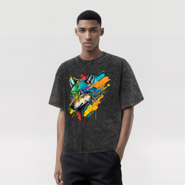 Vintage Washed Colorful Wolf Head Print T-shirt