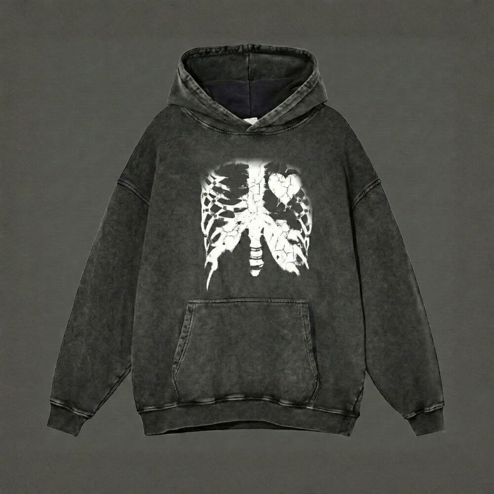Gothic Heart Skeleton Pattern Vintage Washed Hoodie | Gthic.com