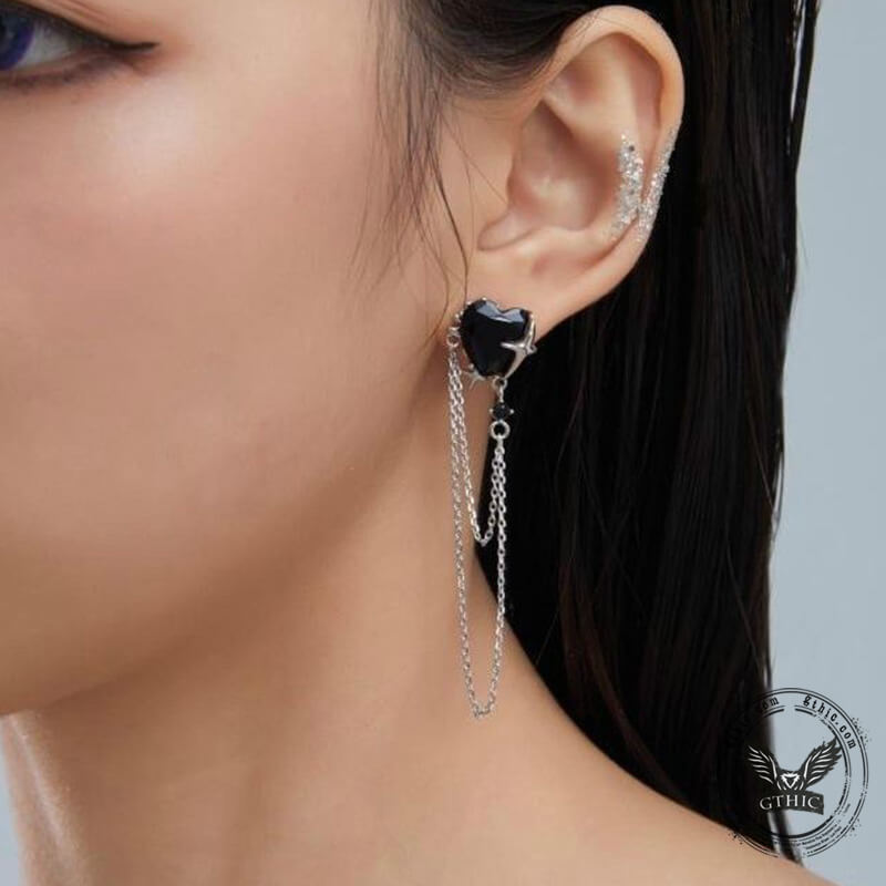 Gothic Heart Tassel Zircon Copper Stud Earrings | Gthic.com