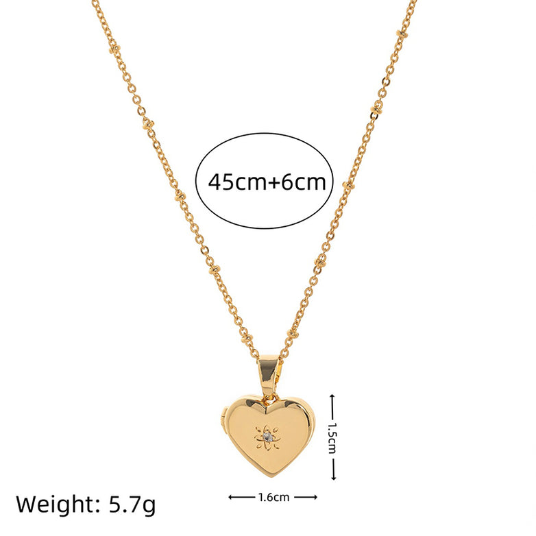 Simple Zirconic Oval Heart Photo Album Copper Locket Necklace | Gthic.com