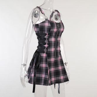 Plaid Zipper Polyester Cami Dress