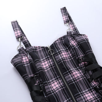 Plaid Zipper Polyester Cami Dress