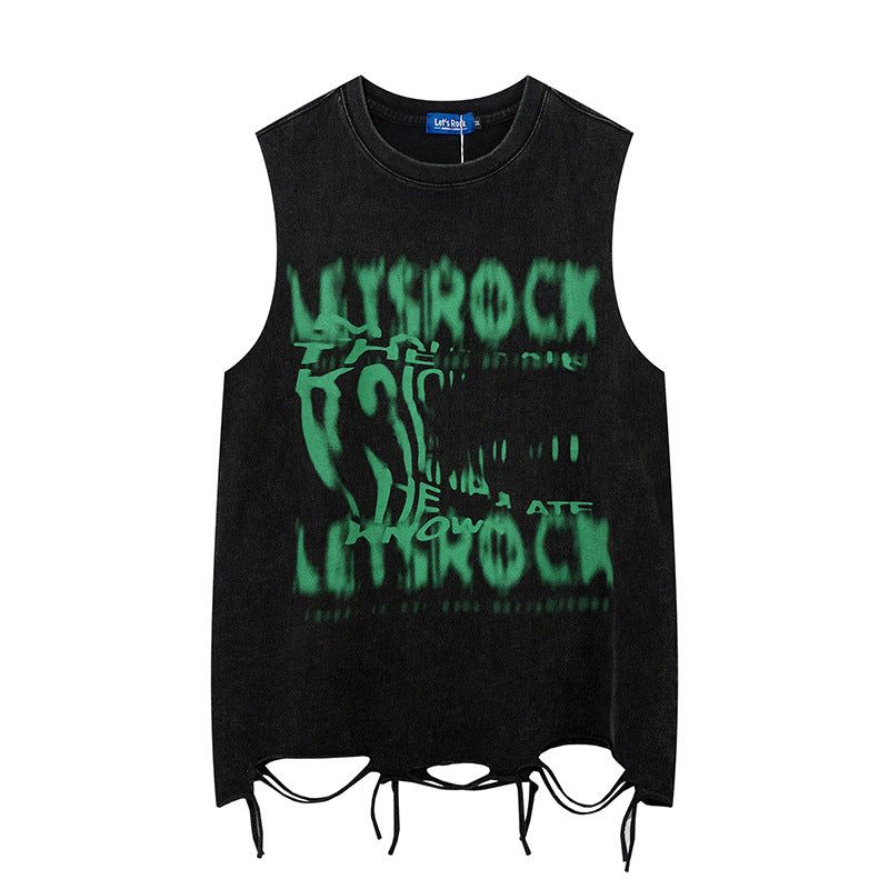 Vintage Washed Letter Sleeveless Printed T-shirt | Gthic.com