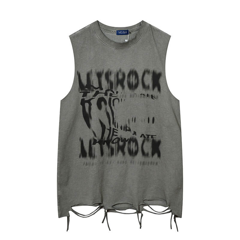 Vintage Washed Letter Sleeveless Printed T-shirt | Gthic.com