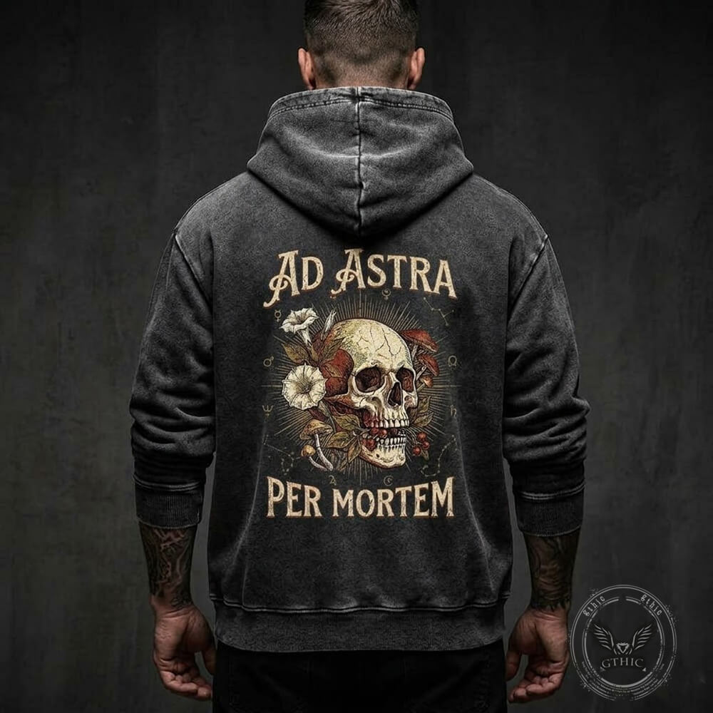 Ad Astra Per Mortem Skull Graphic Vintage Washed Hoodie | Gthic.com