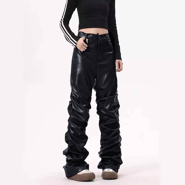 Street Pleated Stacked Slim Straight Pu Leather Pants