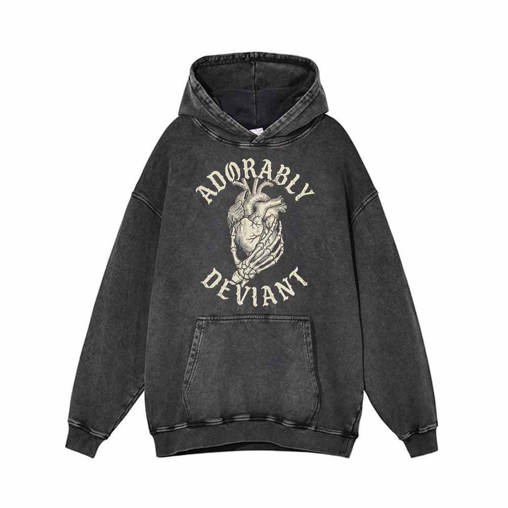 Adorably Deviant Skull Hand Heart Vintage Washed Hoodie | Gthic.com