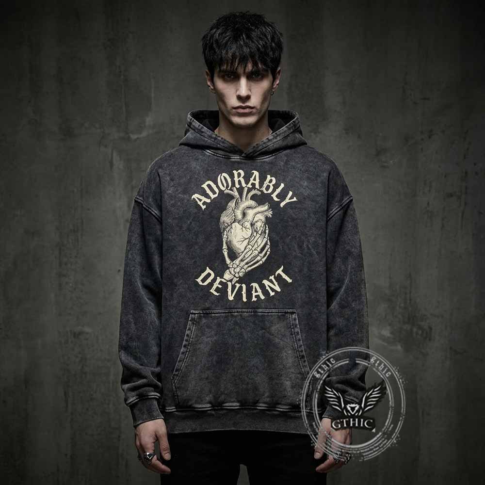 Adorably Deviant Skull Hand Heart Vintage Washed Hoodie | Gthic.com