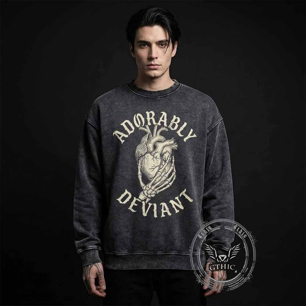 Adorably Deviant Skull Hand Heart Vintage Washed Sweatshirt | Gthic.com