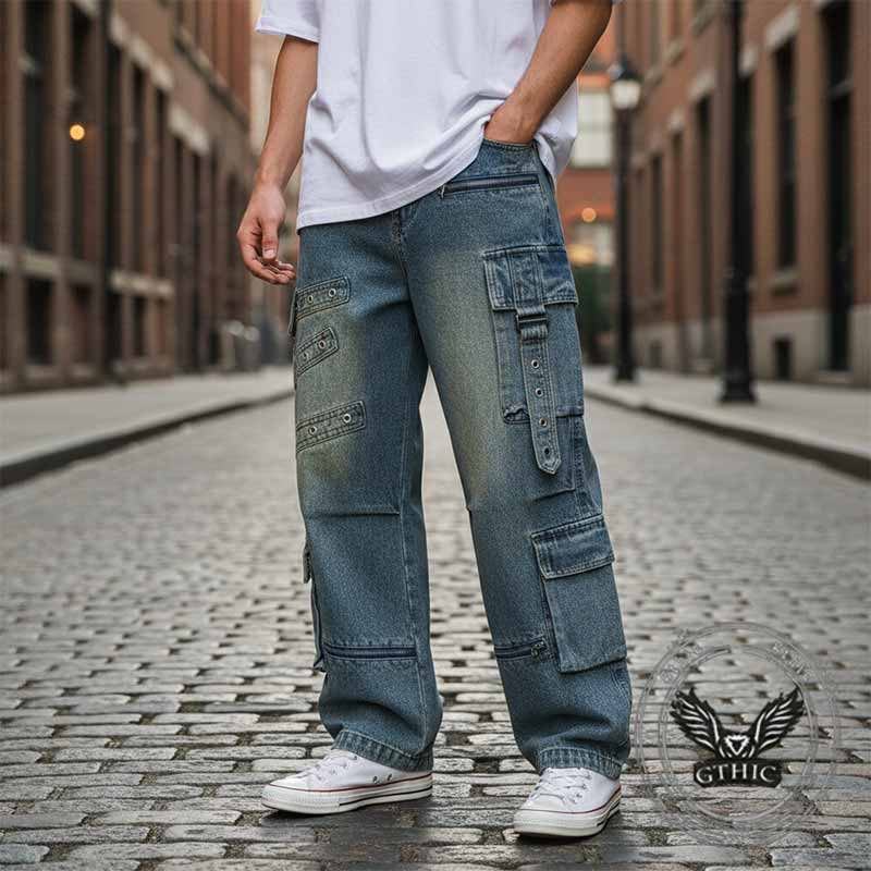 American-Style Multi-Pocket Cargo Baggy Jeans | Gthic.com