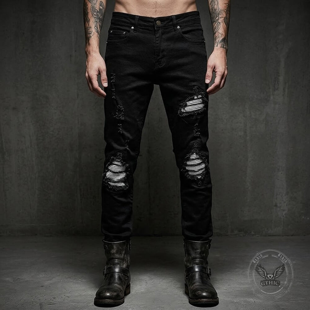 American-Style Patched Slim-Fit Biker Skinny Jeans | Gthic.com