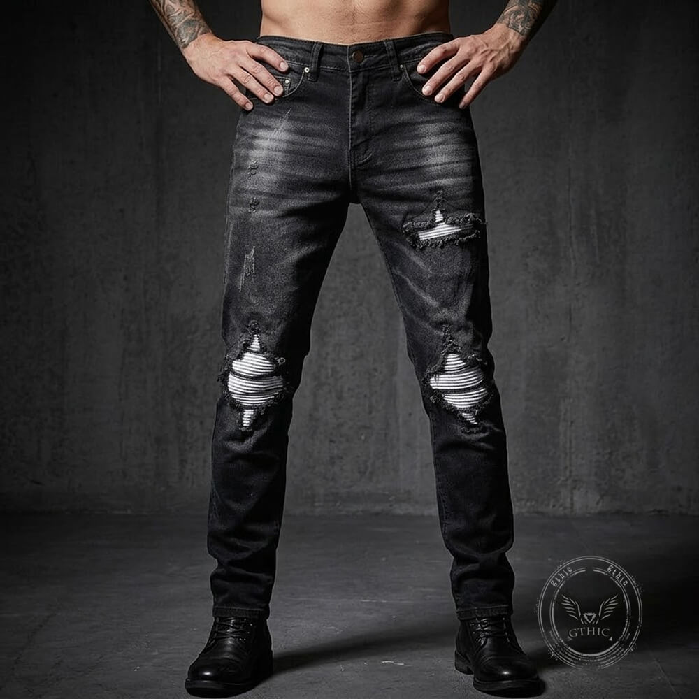 American-Style Patched Slim-Fit Biker Skinny Jeans | Gthic.com
