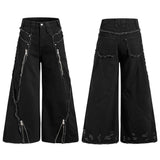 American-Style Raw-Edge Fringe Zipper Wide-Leg Jeans