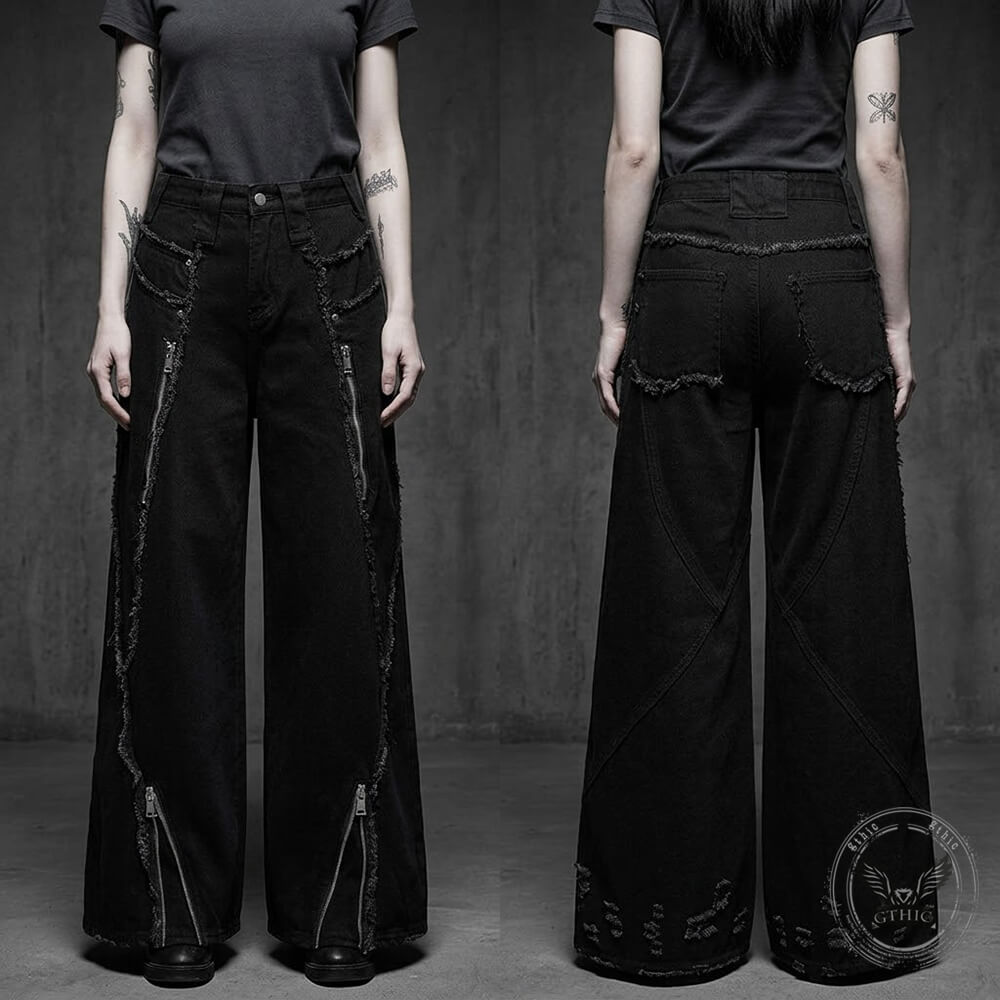 American-Style Raw-Edge Fringe Zipper Wide-Leg Jeans | Gthic.com