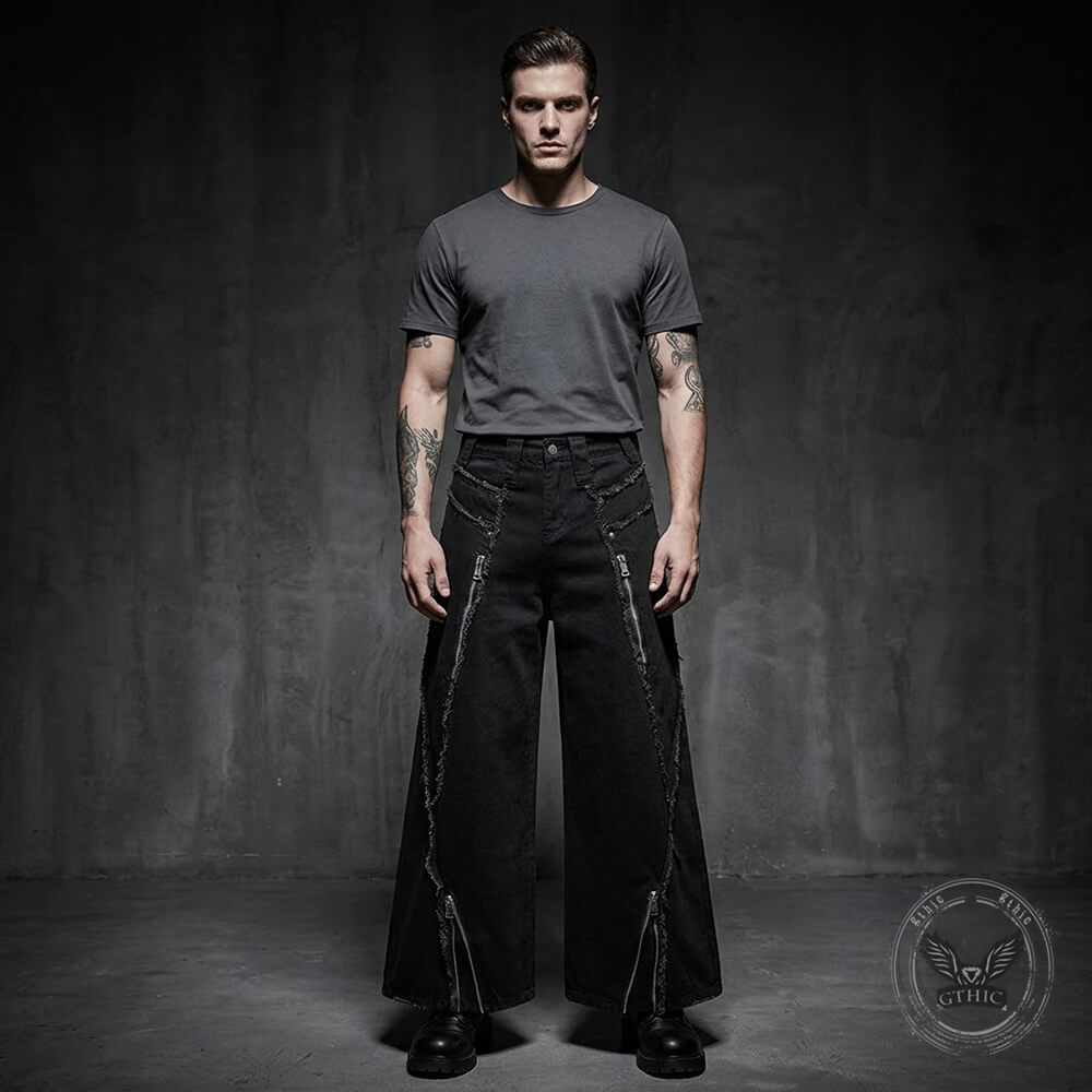 American-Style Raw-Edge Fringe Zipper Wide-Leg Jeans | Gthic.com