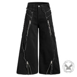 American-Style Raw-Edge Fringe Zipper Wide-Leg Jeans