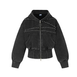American-Style Rivet Vintage-Washed Hooded Jacket