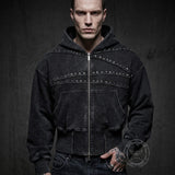 American-Style Rivet Vintage-Washed Hooded Jacket | Gthic.com