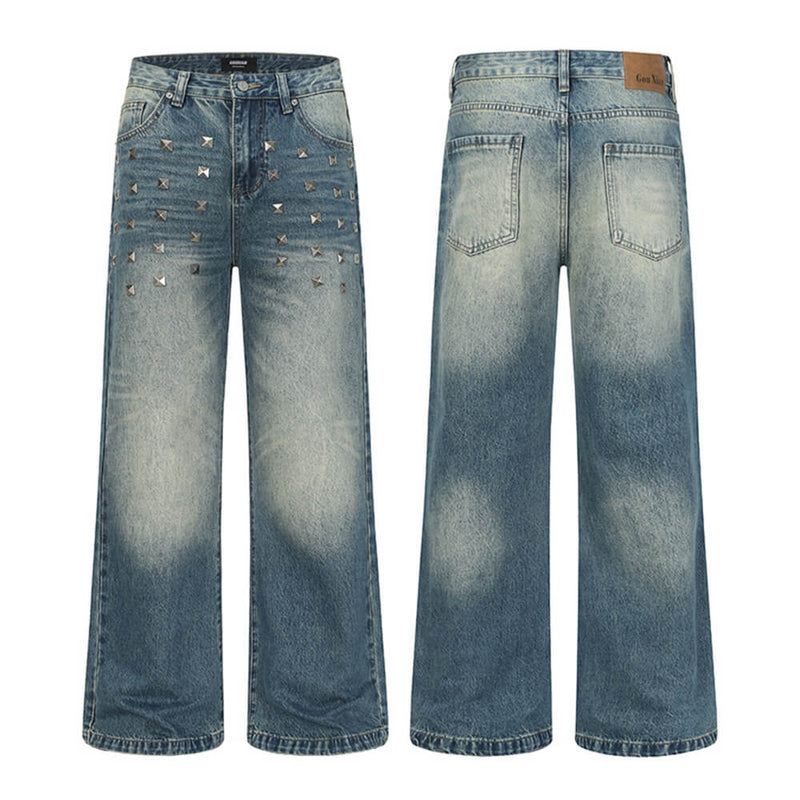 Uomo Lavare Gamba Dritta Jeans Stile Vintage Denim Usurato Pantaloni