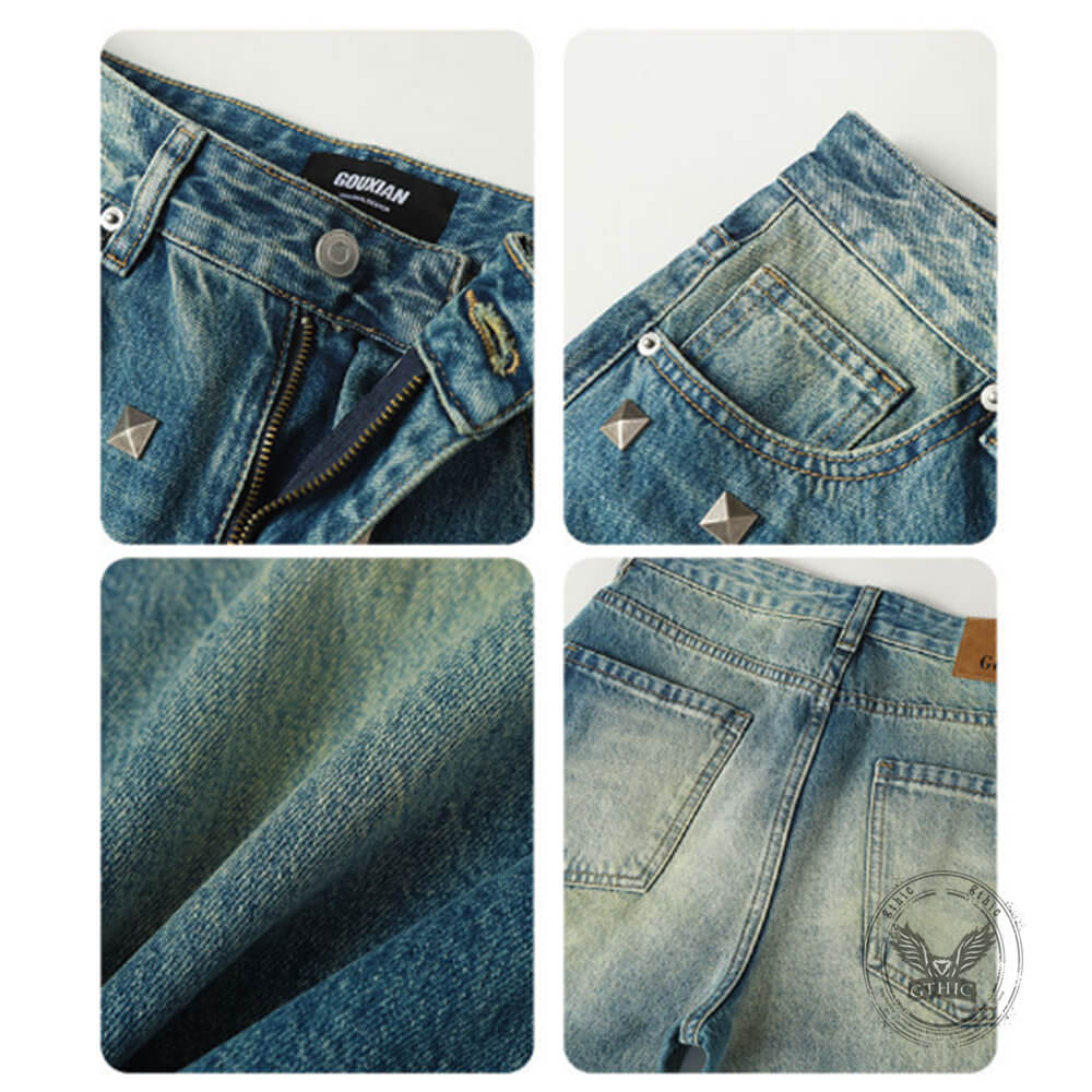 American-Style Square Rivets Distressed Washed Flared Jeans | Gthic.com