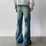 American-Style Square Rivets Distressed Washed Flared Jeans | Gthic.com