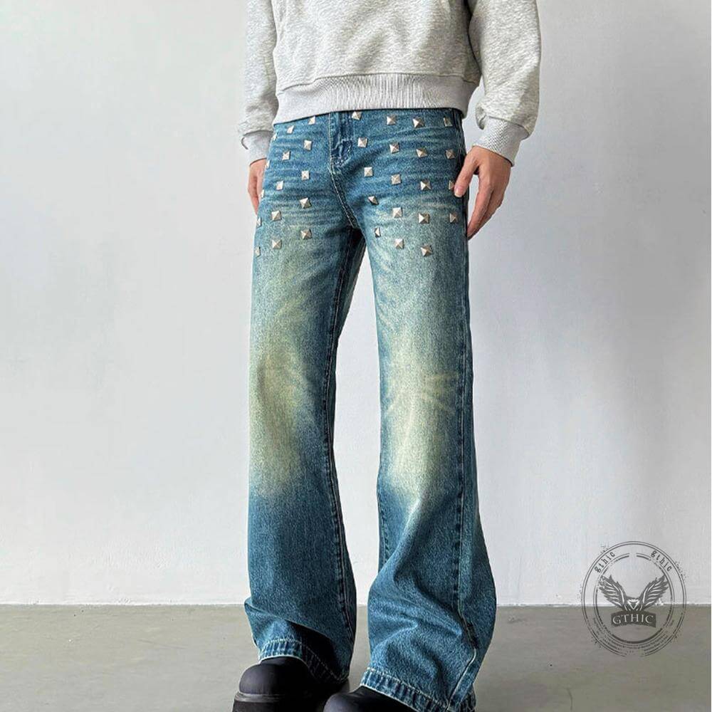 American-Style Square Rivets Distressed Washed Flared Jeans | Gthic.com