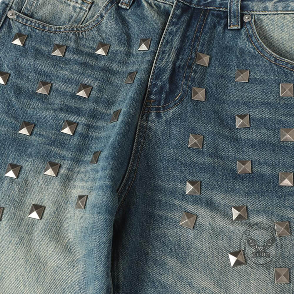 American-Style Square Rivets Distressed Washed Flared Jeans | Gthic.com
