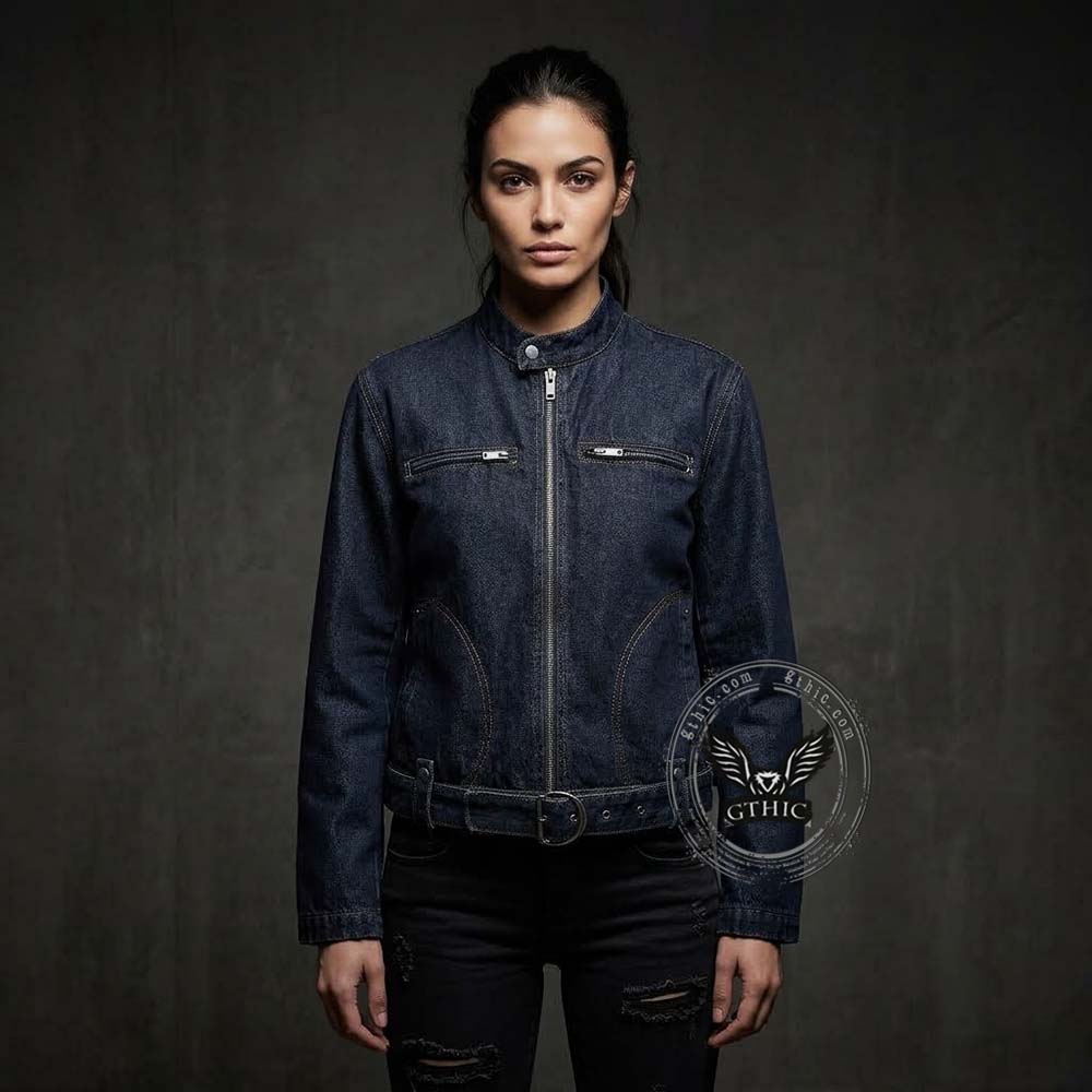 American-Style Stand Collar Biker Denim Jacket | Gthic.com