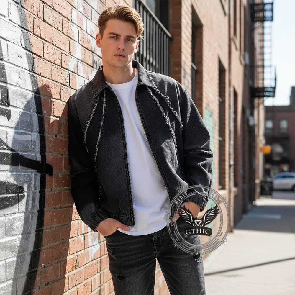American-Style Washed Vintage Frayed Denim Jacket | Gthic.com