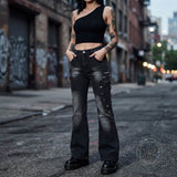 American-Style Y2K Dark-Aesthetic Lace-Up Flare Jeans | Gthic.com