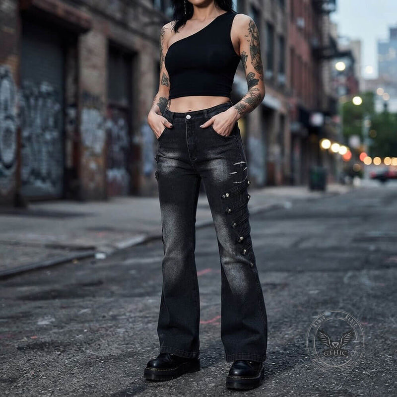 American-Style Y2K Dark-Aesthetic Lace-Up Flare Jeans – GTHIC