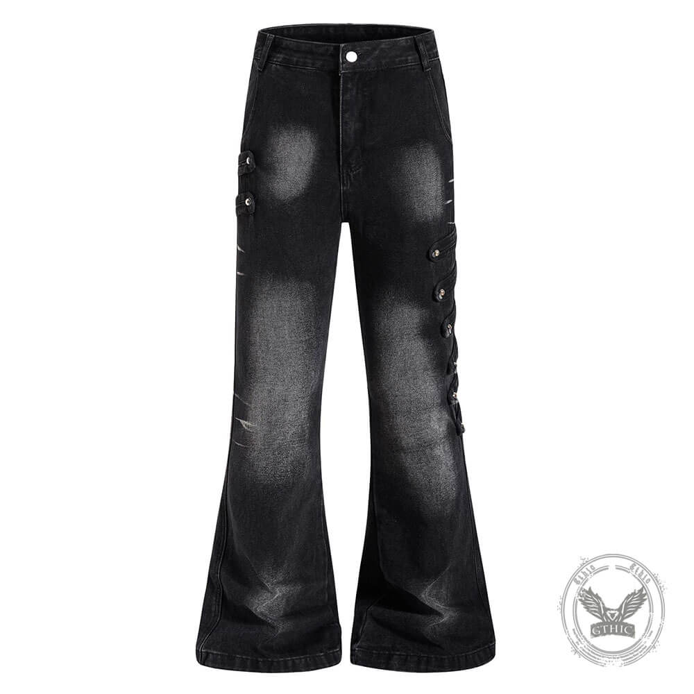 American-Style Y2K Dark-Aesthetic Lace-Up Flare Jeans – GTHIC