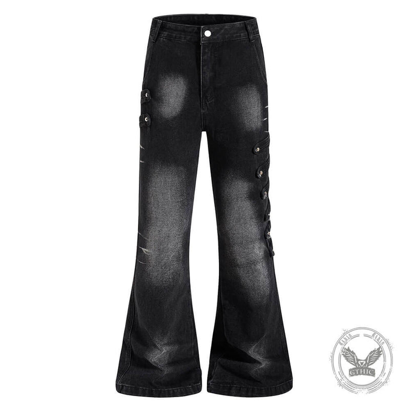 パンツ y2k JUN MEN black flare denim Gimmick L American-Style Y2K Dark-Aesthetic Lace-Up Flare Jeans – GTHIC