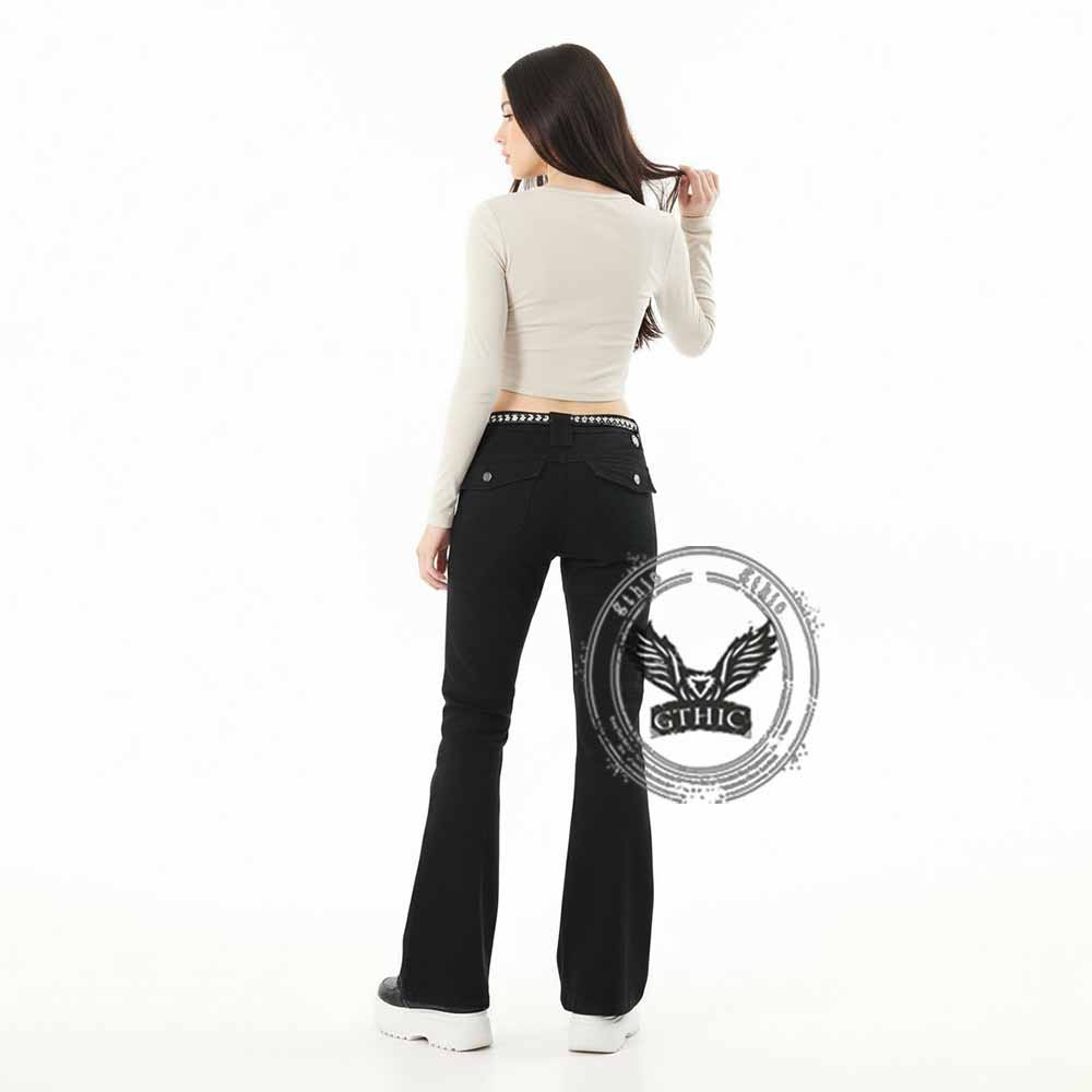 American-Style Y2K Studded Zipper Flared Cargo Pants | Gthic.com