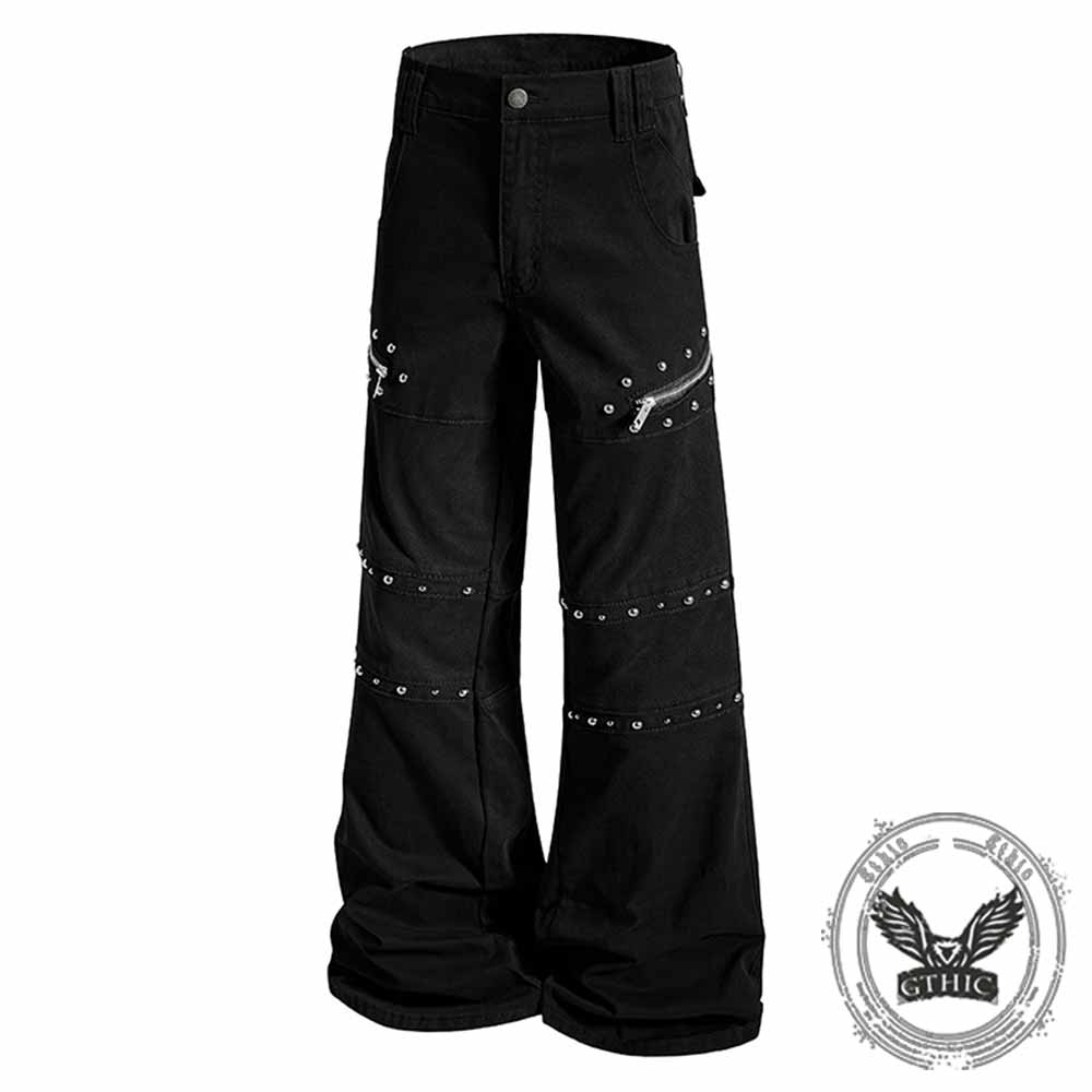 American-Style Y2K Studded Zipper Flared Cargo Pants