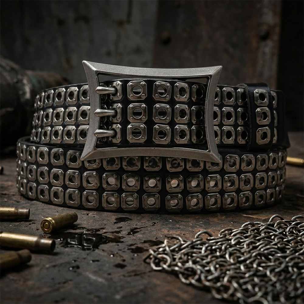 American Biker Three-Row Cutout Rivet Genuine Leather Belt | Gthic.com