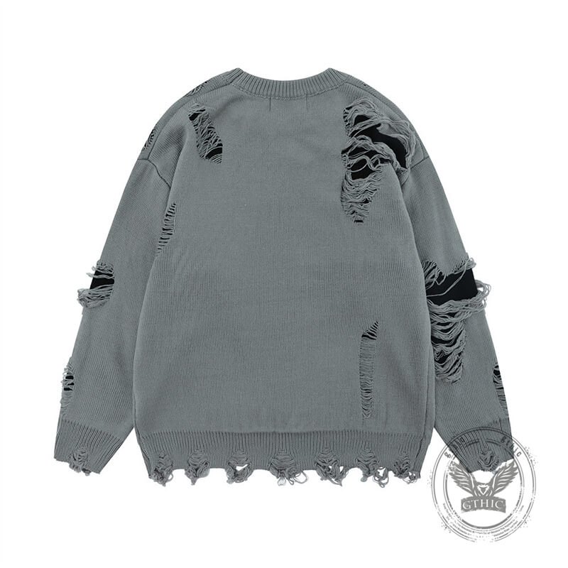 American Casual Crew Neck Ripped Loose Pullover Sweater