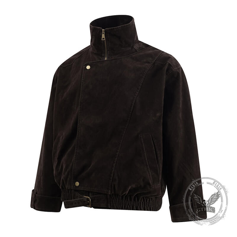 American Fashion Brown Stand-Up Collar Jacket | Gthic.com