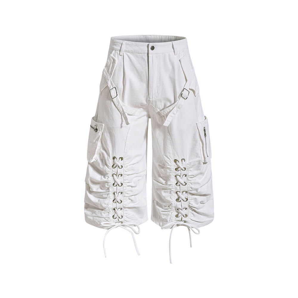 American High-Street Lace-Up Wide-Leg Cargo Shorts