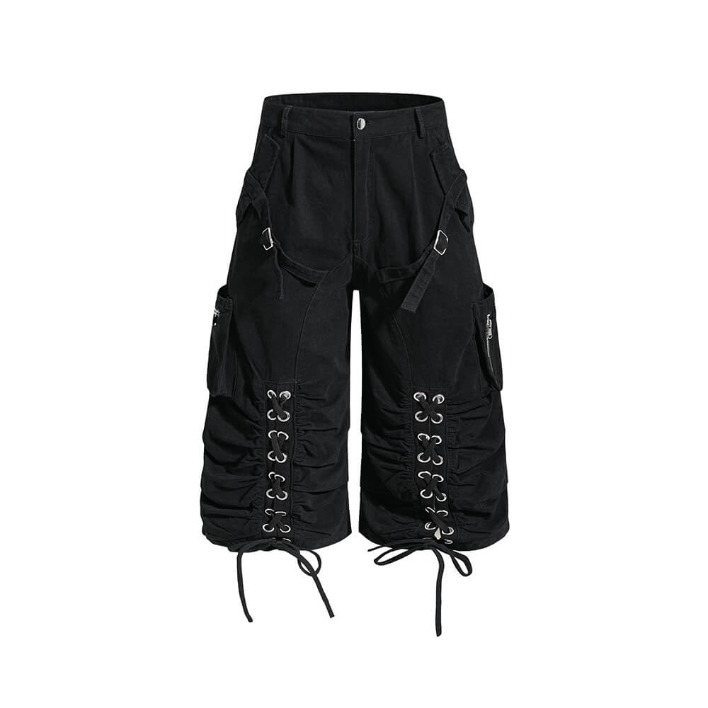 American High-Street Lace-Up Wide-Leg Cargo Shorts