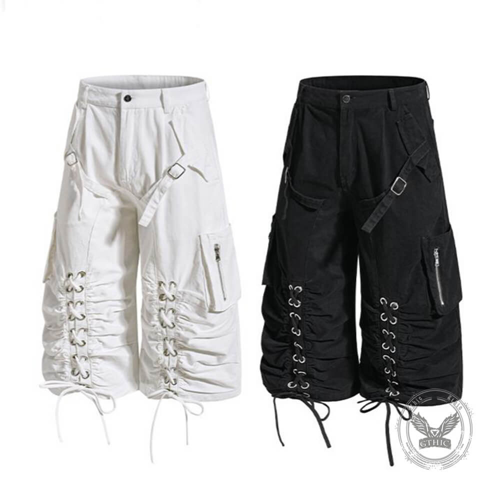 American High-Street Lace-Up Wide-Leg Cargo Shorts
