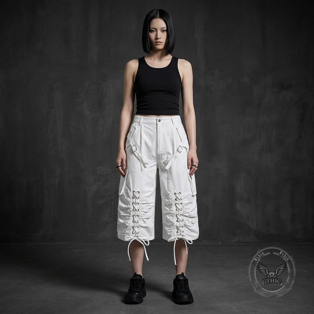 American High-Street Lace-Up Wide-Leg Cargo Shorts | Gthic.com