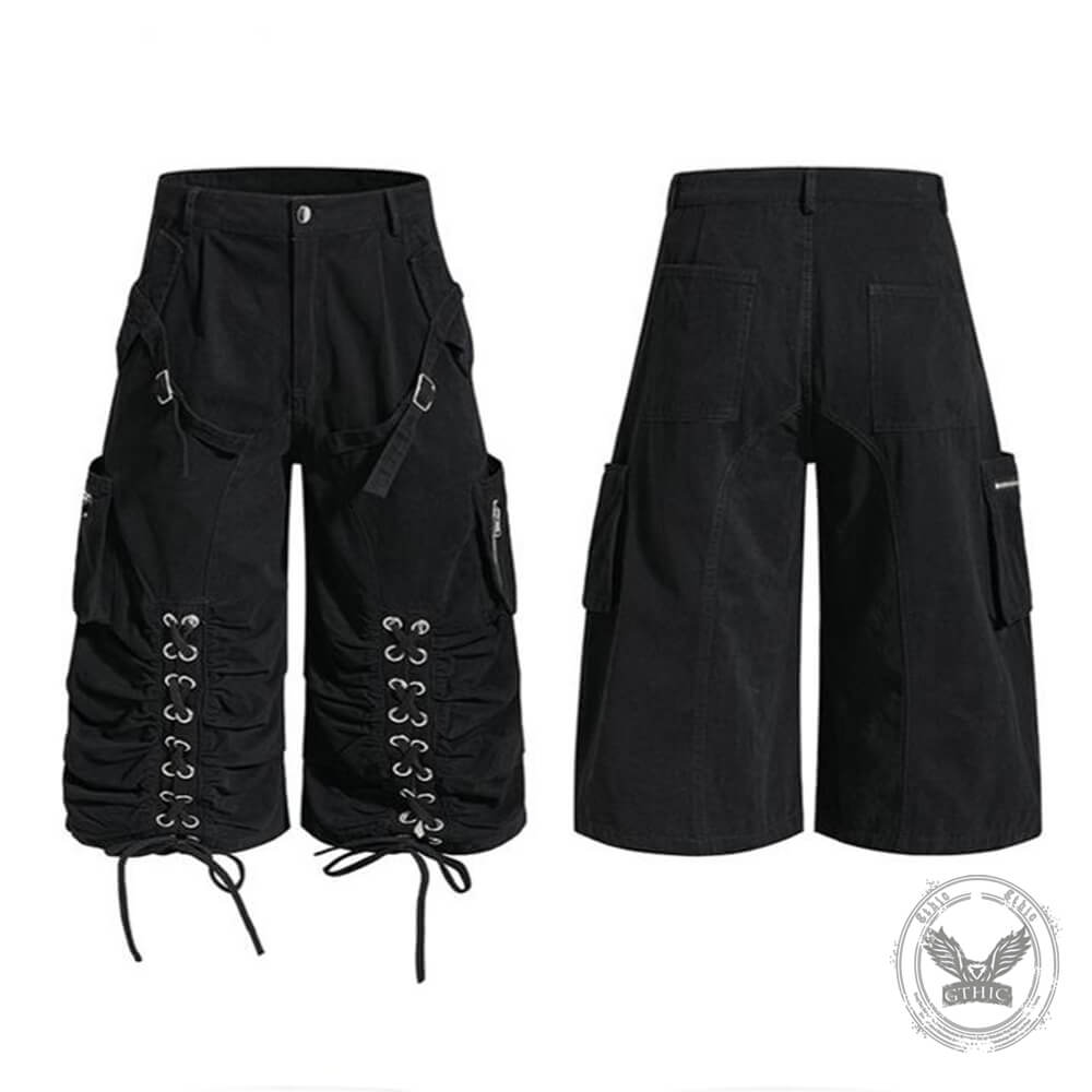 American High-Street Lace-Up Wide-Leg Cargo Shorts