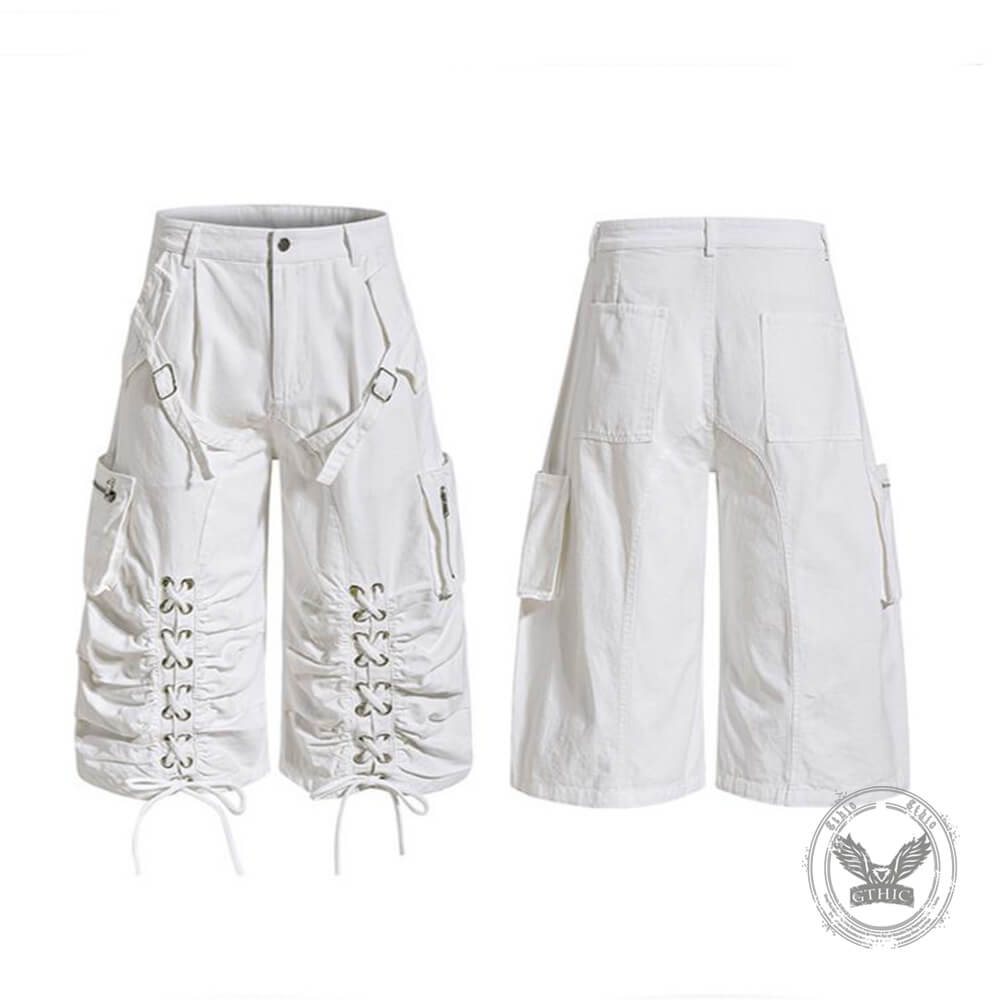 American High-Street Lace-Up Wide-Leg Cargo Shorts