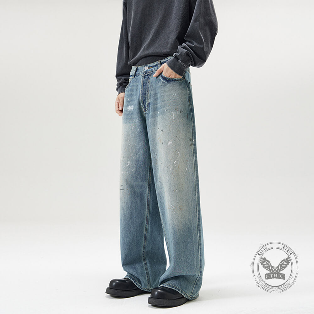 American High Street Ink-Splashed Distressed Wide-Leg Jeans