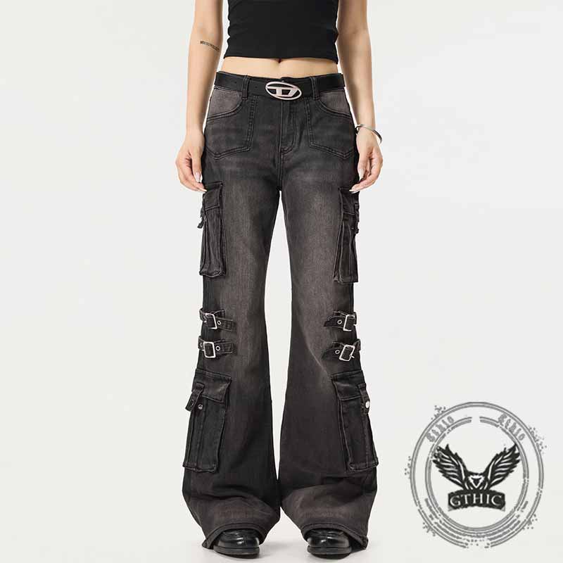 American High Street Y2K Strap Design Distressed Jeans 02 | Gthic.com